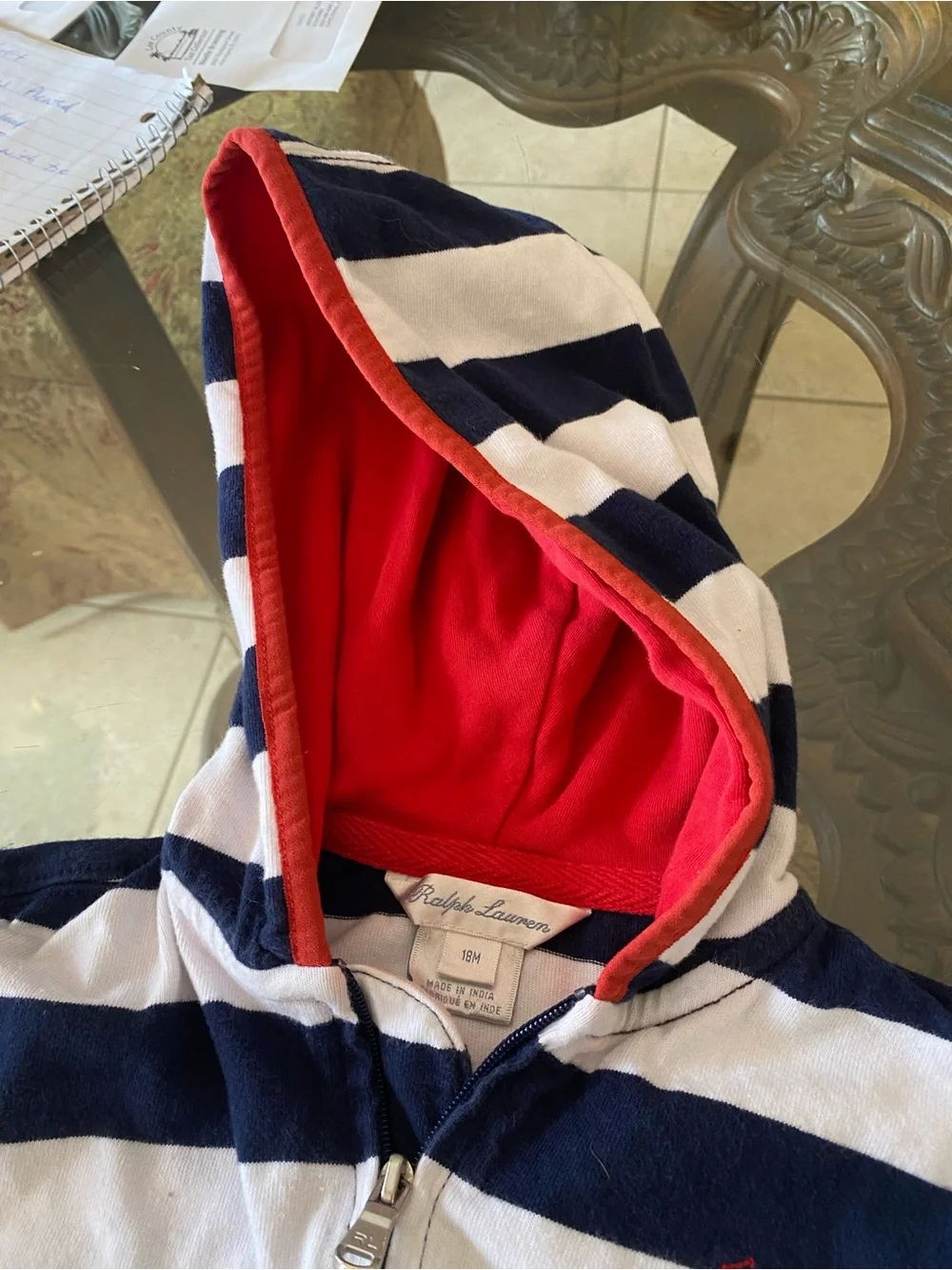 Ralph Lauren Kids Navy & White Striped Zip Hoodie with Red Hood